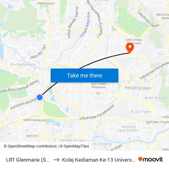 LRT Glenmarie (Sa1069) to Kolej Kediaman Ke-13 Universiti Malaya map