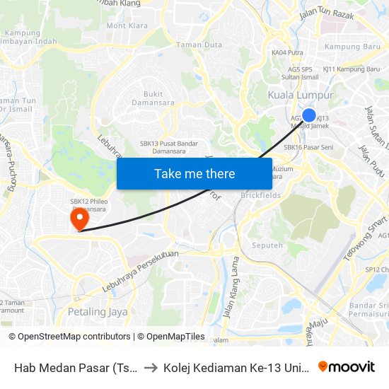 Hab Medan Pasar (Tss) (Kl1939) to Kolej Kediaman Ke-13 Universiti Malaya map