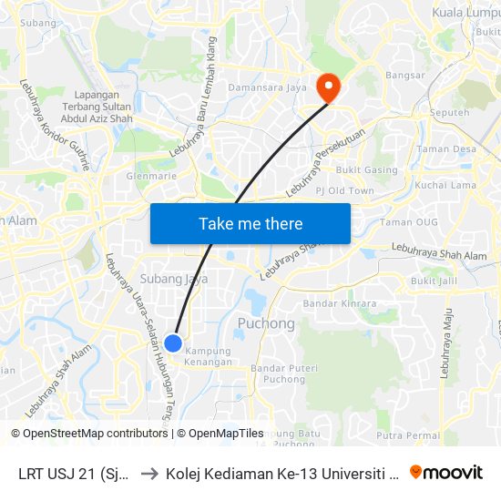 LRT USJ 21 (Sj728) to Kolej Kediaman Ke-13 Universiti Malaya map