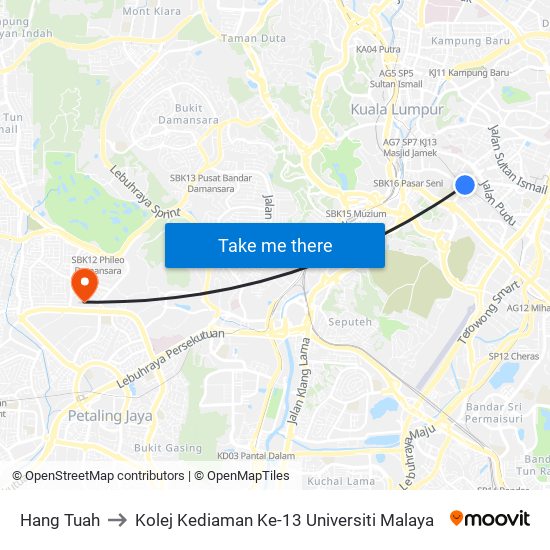 Hang Tuah to Kolej Kediaman Ke-13 Universiti Malaya map