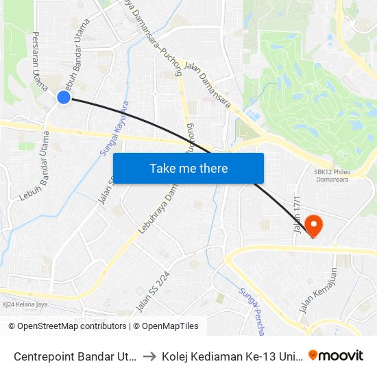 Centrepoint Bandar Utama (Pj543) to Kolej Kediaman Ke-13 Universiti Malaya map