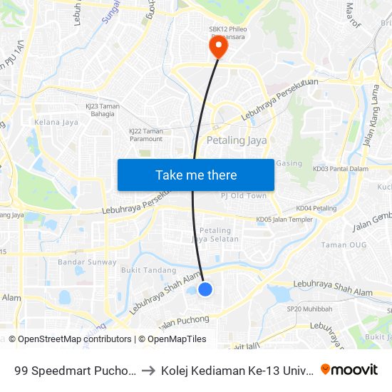 99 Speedmart Puchong Kinrara to Kolej Kediaman Ke-13 Universiti Malaya map