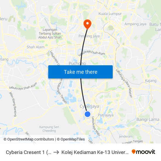 Cyberia Cresent 1 (Sp404) to Kolej Kediaman Ke-13 Universiti Malaya map