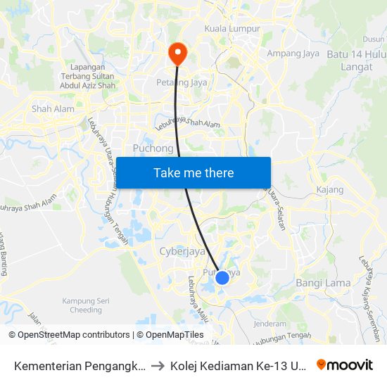 Kementerian Pengangkutan (Ppj177) to Kolej Kediaman Ke-13 Universiti Malaya map