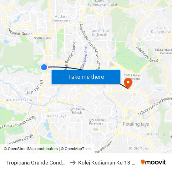 Tropicana Grande Condominium (Pj806) to Kolej Kediaman Ke-13 Universiti Malaya map