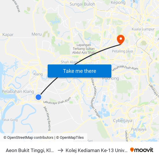 Aeon Bukit Tinggi, Klang (Bd88) to Kolej Kediaman Ke-13 Universiti Malaya map