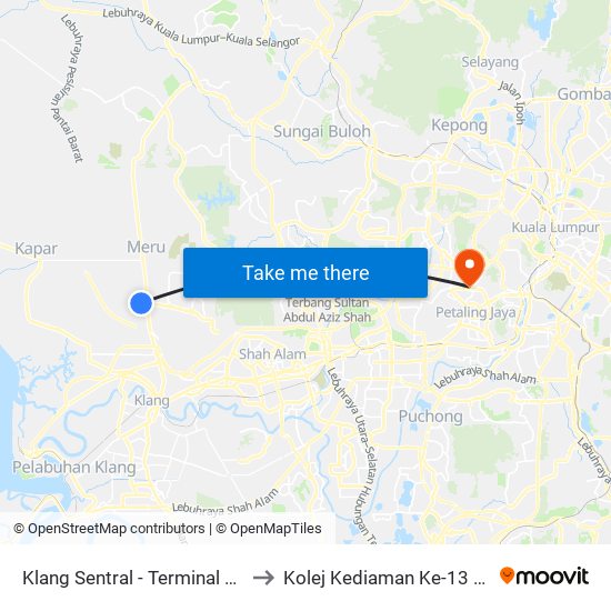 Klang Sentral - Terminal A (Timur) (Bd154) to Kolej Kediaman Ke-13 Universiti Malaya map