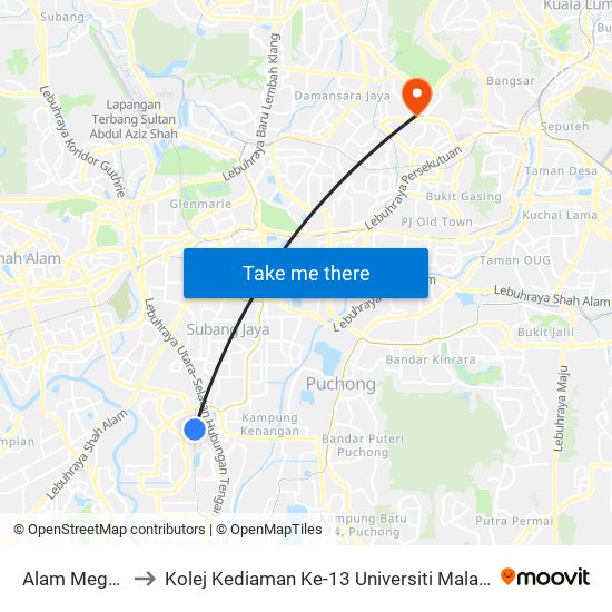 Alam Megah to Kolej Kediaman Ke-13 Universiti Malaya map