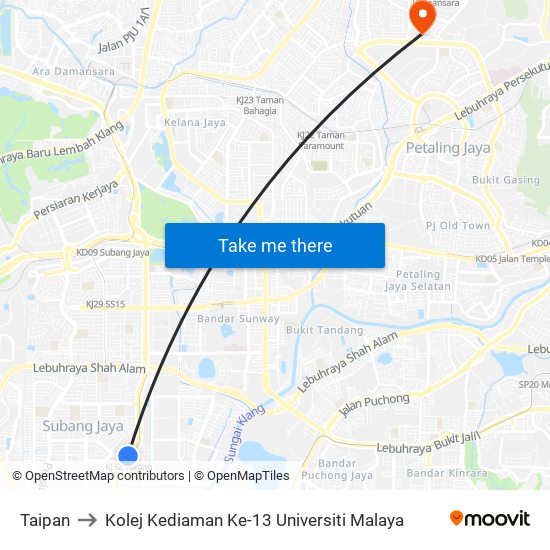 Taipan to Kolej Kediaman Ke-13 Universiti Malaya map