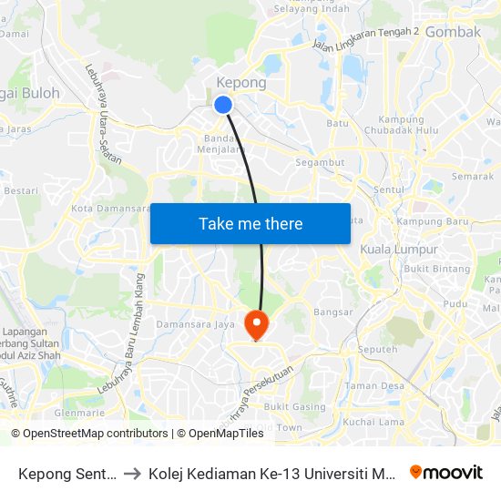 Kepong Sentral to Kolej Kediaman Ke-13 Universiti Malaya map