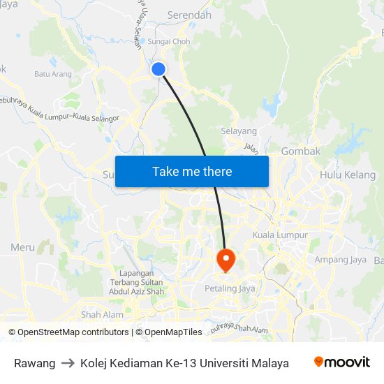 Rawang to Kolej Kediaman Ke-13 Universiti Malaya map