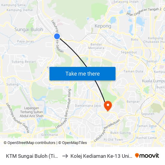 KTM Sungai Buloh (Timur) (Pj655) to Kolej Kediaman Ke-13 Universiti Malaya map