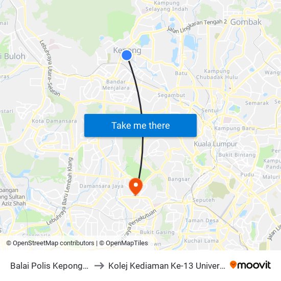 Balai Polis Kepong (Kl450) to Kolej Kediaman Ke-13 Universiti Malaya map