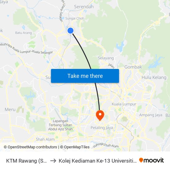 KTM Rawang (Sl357) to Kolej Kediaman Ke-13 Universiti Malaya map