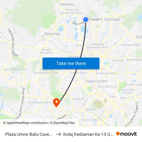 Plaza Umno Batu Caves (Opp) (Sl494) to Kolej Kediaman Ke-13 Universiti Malaya map