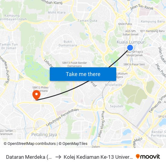 Dataran Merdeka (Kl1820) to Kolej Kediaman Ke-13 Universiti Malaya map