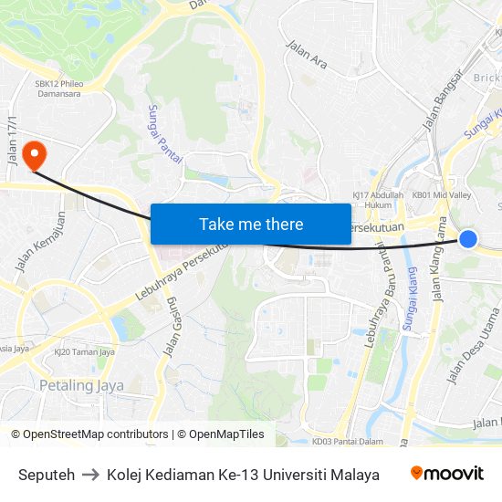 Seputeh to Kolej Kediaman Ke-13 Universiti Malaya map