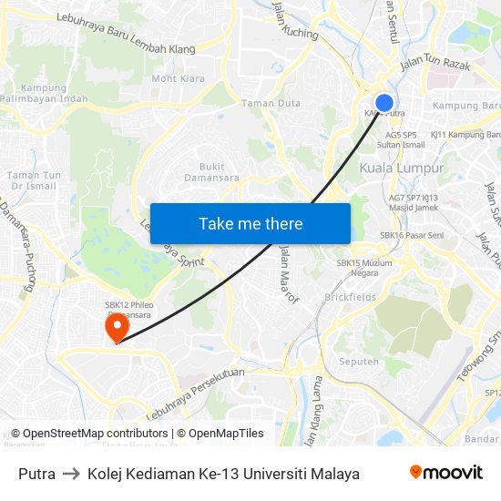Putra to Kolej Kediaman Ke-13 Universiti Malaya map