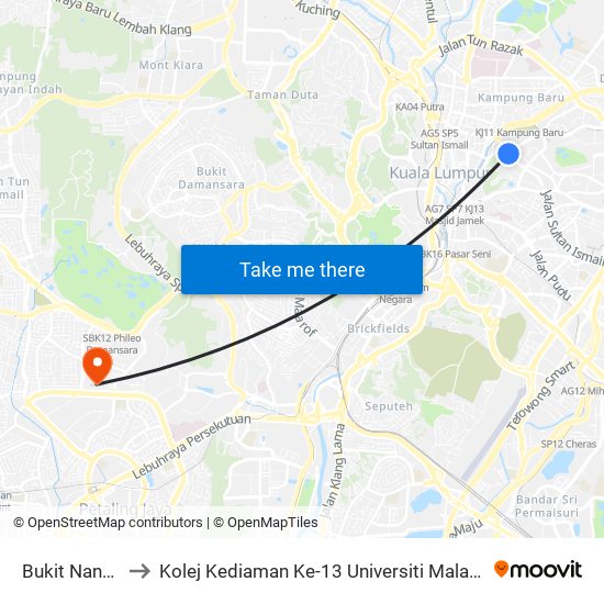 Bukit Nanas to Kolej Kediaman Ke-13 Universiti Malaya map