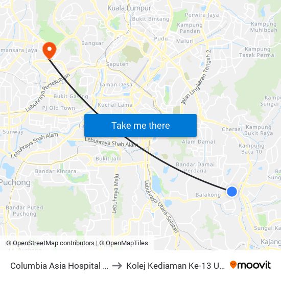 Columbia Asia Hospital Cheras (Kj870) to Kolej Kediaman Ke-13 Universiti Malaya map