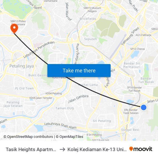 Tasik Heights Apartment (Kl2001) to Kolej Kediaman Ke-13 Universiti Malaya map