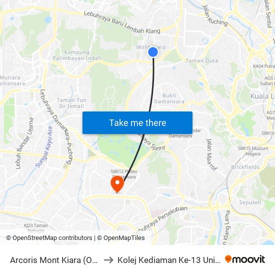 Arcoris Mont Kiara (Opp) (Kl2409) to Kolej Kediaman Ke-13 Universiti Malaya map