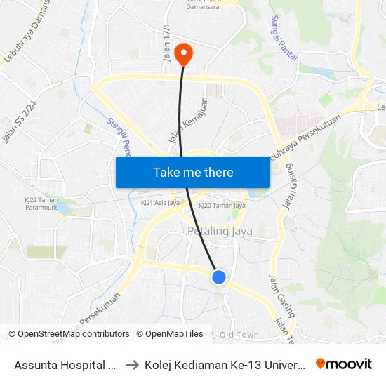 Assunta Hospital (Pj431) to Kolej Kediaman Ke-13 Universiti Malaya map