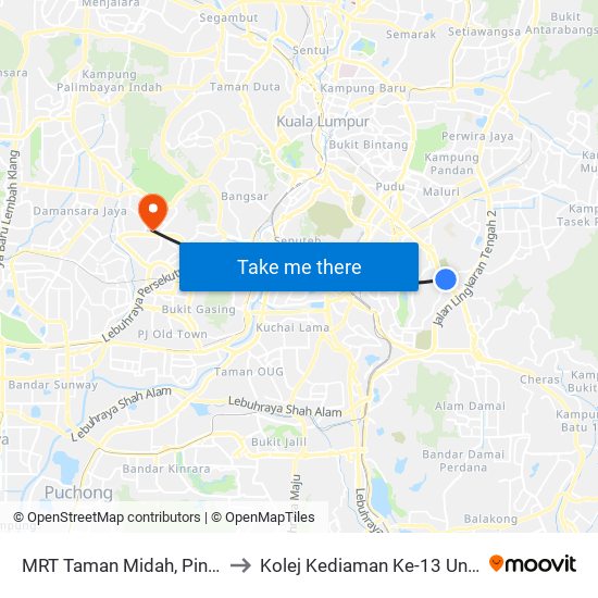 MRT Taman Midah, Pintu B (Kl2421) to Kolej Kediaman Ke-13 Universiti Malaya map