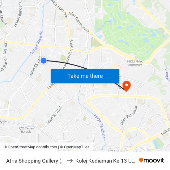 Atria Shopping Gallery (Utara) (Pj490) to Kolej Kediaman Ke-13 Universiti Malaya map