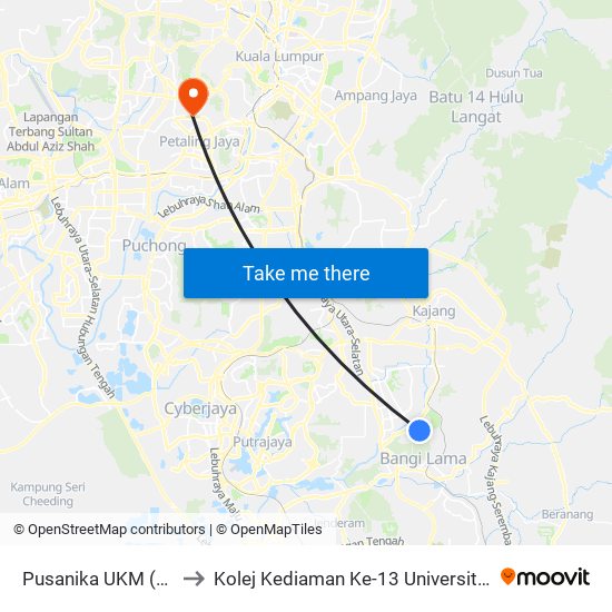 Pusanika UKM (Back) to Kolej Kediaman Ke-13 Universiti Malaya map