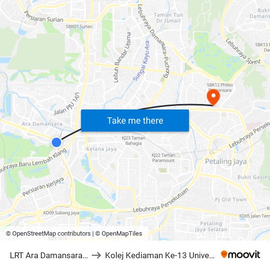 LRT Ara Damansara (Pj609) to Kolej Kediaman Ke-13 Universiti Malaya map