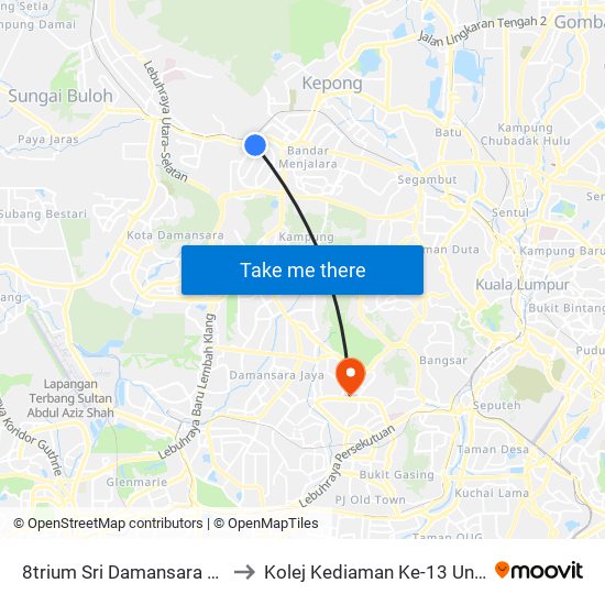 8trium Sri Damansara (Opp) (Pj642) to Kolej Kediaman Ke-13 Universiti Malaya map