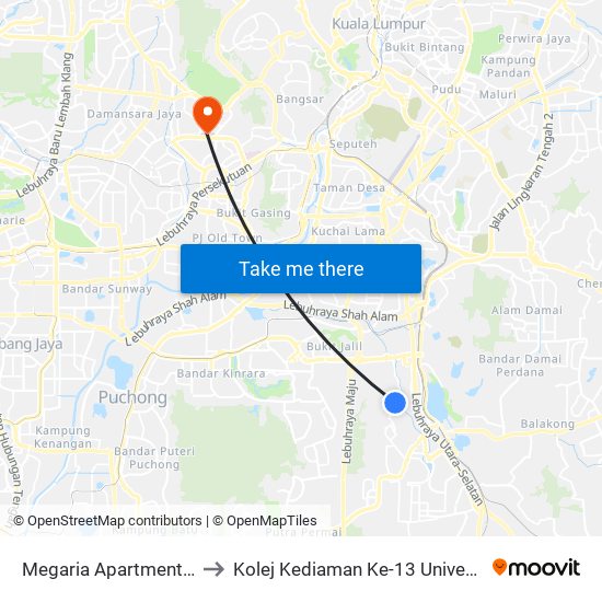 Megaria Apartment (Sj761) to Kolej Kediaman Ke-13 Universiti Malaya map