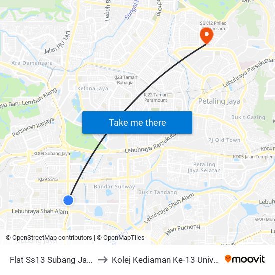 Flat Ss13 Subang Jaya (Sj685) to Kolej Kediaman Ke-13 Universiti Malaya map