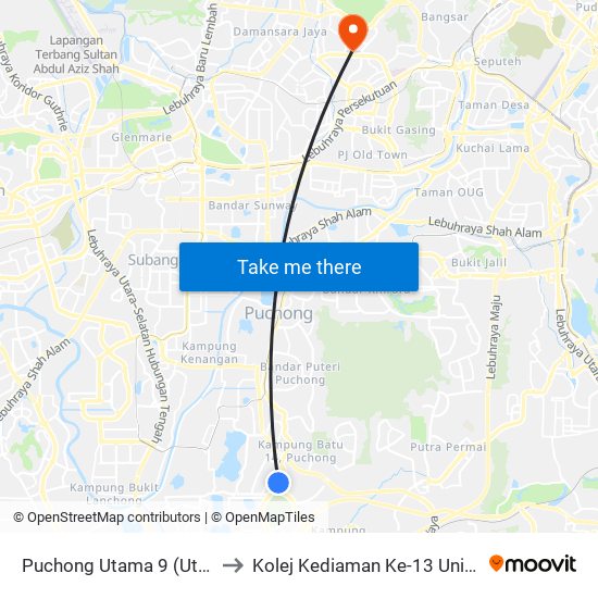 Puchong Utama 9 (Utara) (Sj232) to Kolej Kediaman Ke-13 Universiti Malaya map