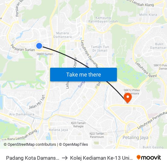 Padang Kota Damansara (Pj664) to Kolej Kediaman Ke-13 Universiti Malaya map