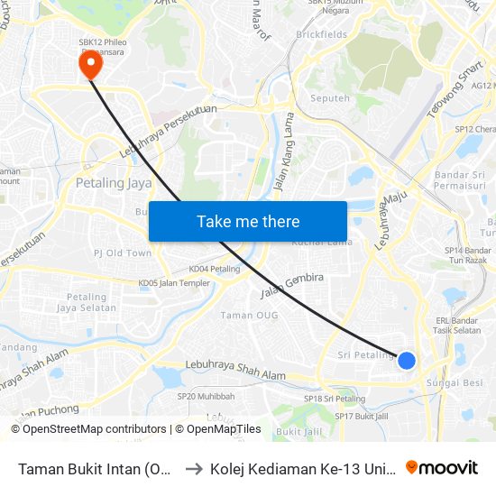Taman Bukit Intan (Opp) (Kl1335) to Kolej Kediaman Ke-13 Universiti Malaya map