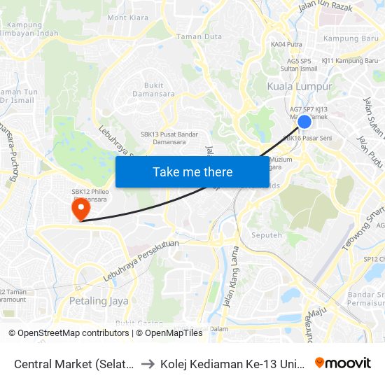 Central Market (Selatan) (Kl111) to Kolej Kediaman Ke-13 Universiti Malaya map