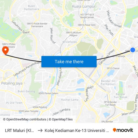 LRT Maluri (Kl361) to Kolej Kediaman Ke-13 Universiti Malaya map