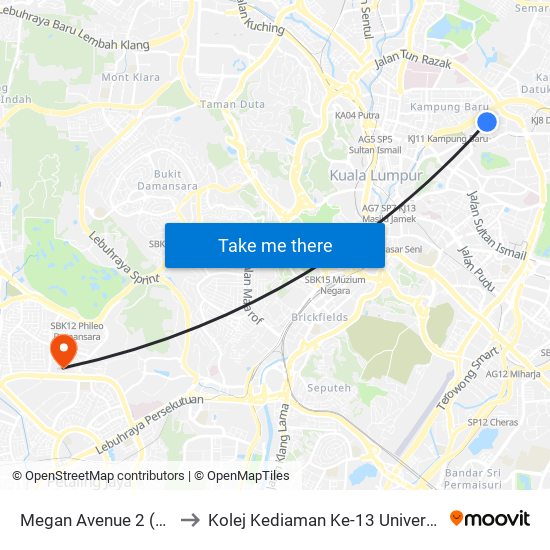 Megan Avenue 2 (Kl1945) to Kolej Kediaman Ke-13 Universiti Malaya map