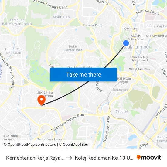 Kementerian Kerja Raya (Kkr) (Kl1055) to Kolej Kediaman Ke-13 Universiti Malaya map