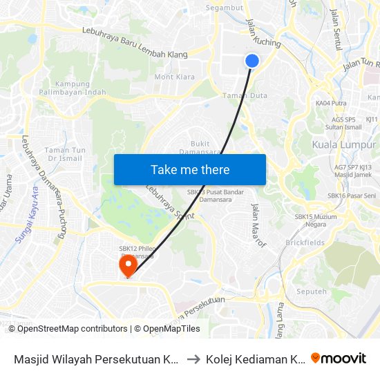 Masjid Wilayah Persekutuan Kuala Lumpur (Mwp) (Utara) (Kl1538) to Kolej Kediaman Ke-13 Universiti Malaya map