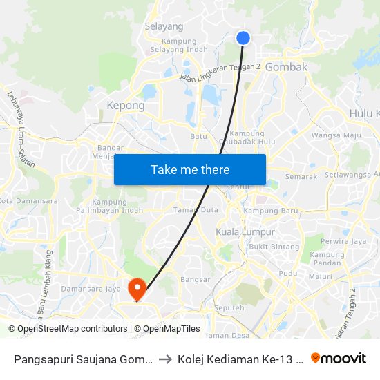 Pangsapuri Saujana Gombak (Opp) (Sl309) to Kolej Kediaman Ke-13 Universiti Malaya map