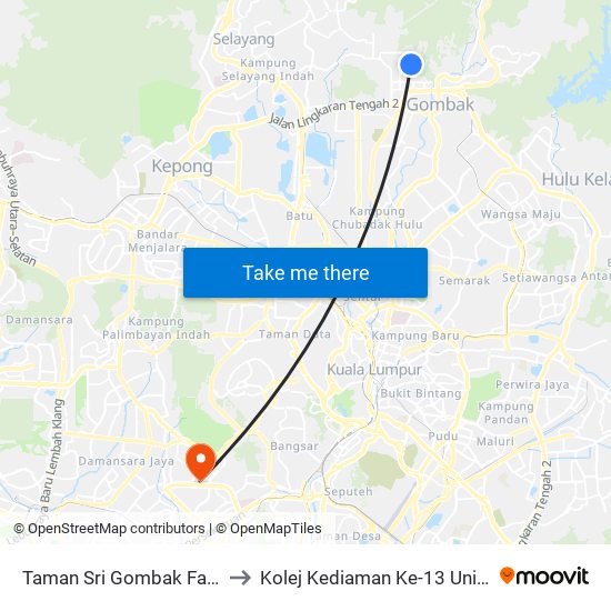 Taman Sri Gombak Fasa 8 (Sl197) to Kolej Kediaman Ke-13 Universiti Malaya map