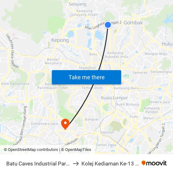Batu Caves Industrial Park 5 (Timur) (Sl254) to Kolej Kediaman Ke-13 Universiti Malaya map
