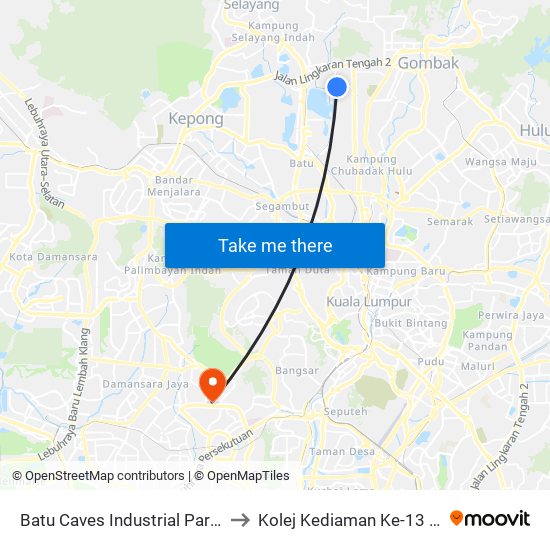 Batu Caves Industrial Park 8 (Barat) (Kl629) to Kolej Kediaman Ke-13 Universiti Malaya map