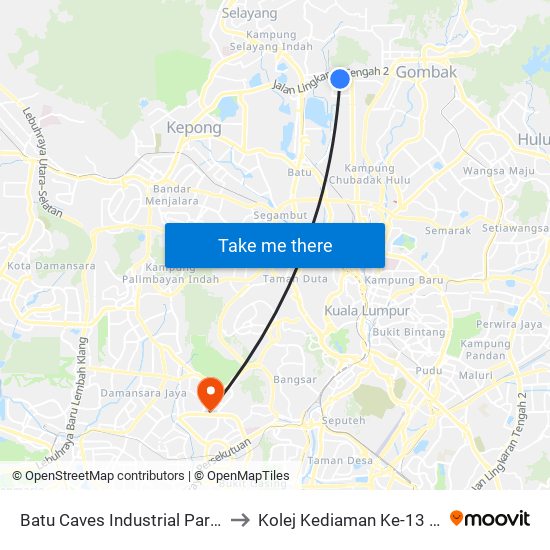 Batu Caves Industrial Park 5 (Barat) (Sl260) to Kolej Kediaman Ke-13 Universiti Malaya map