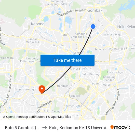 Batu 5 Gombak (Kl904) to Kolej Kediaman Ke-13 Universiti Malaya map