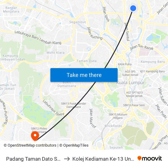 Padang Taman Dato Senu (Kl1005) to Kolej Kediaman Ke-13 Universiti Malaya map