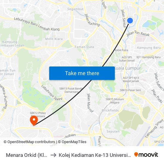 Menara Orkid (Kl1515) to Kolej Kediaman Ke-13 Universiti Malaya map